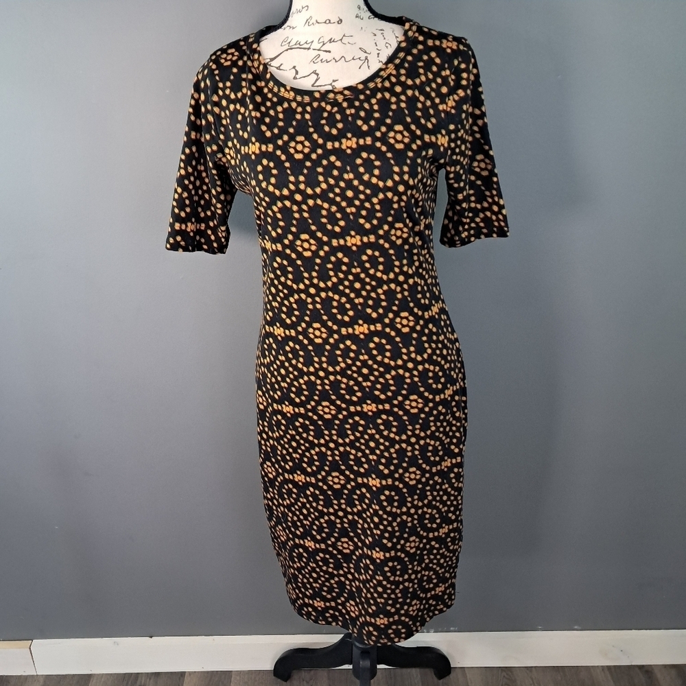 LuLaRoe Women's Size Small JULIA Black Gold Print Dress Soft Short Sleeve